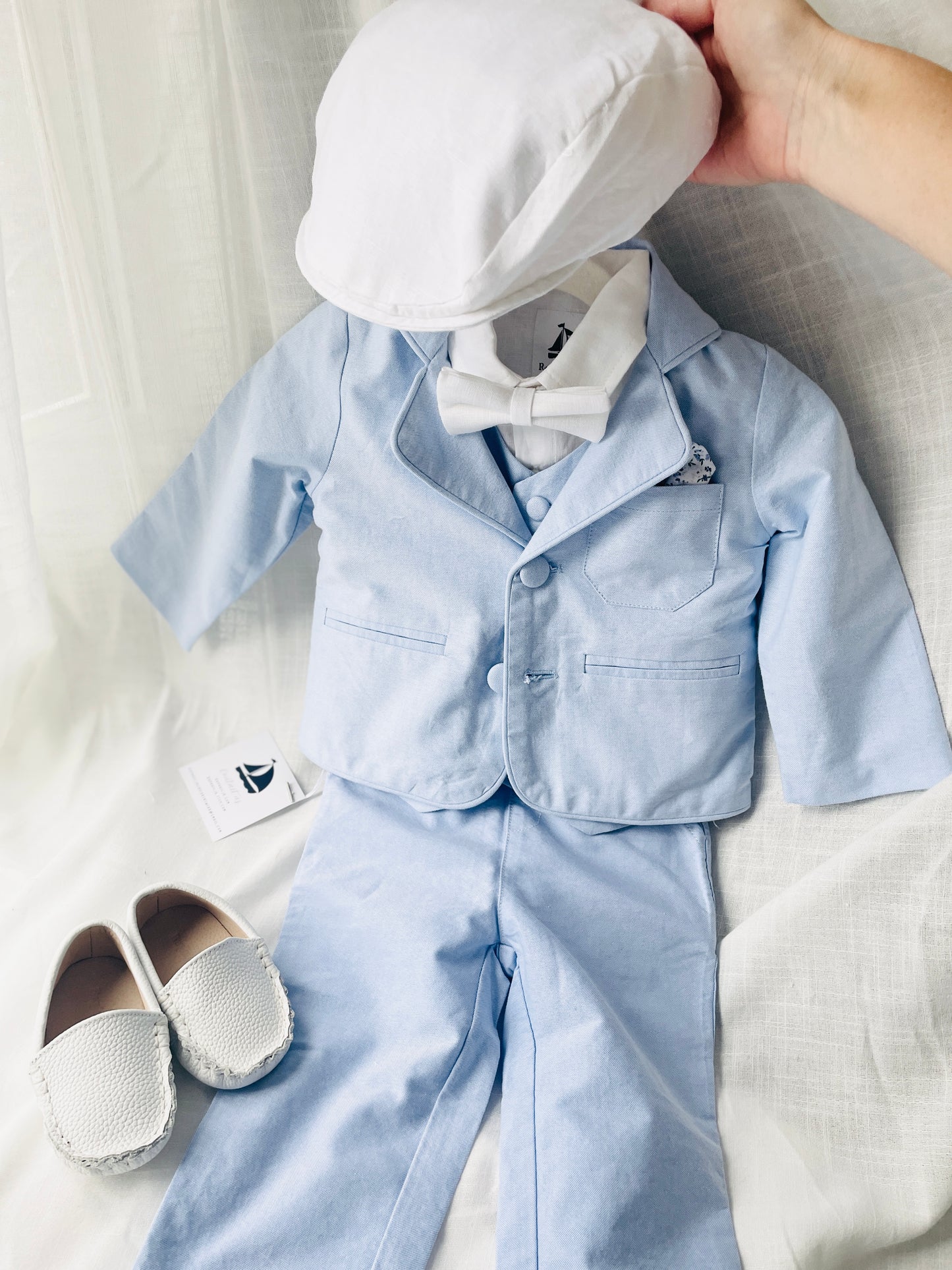 Baby and toddler boys pale blue chambray suit with blue vest, pants and jacket