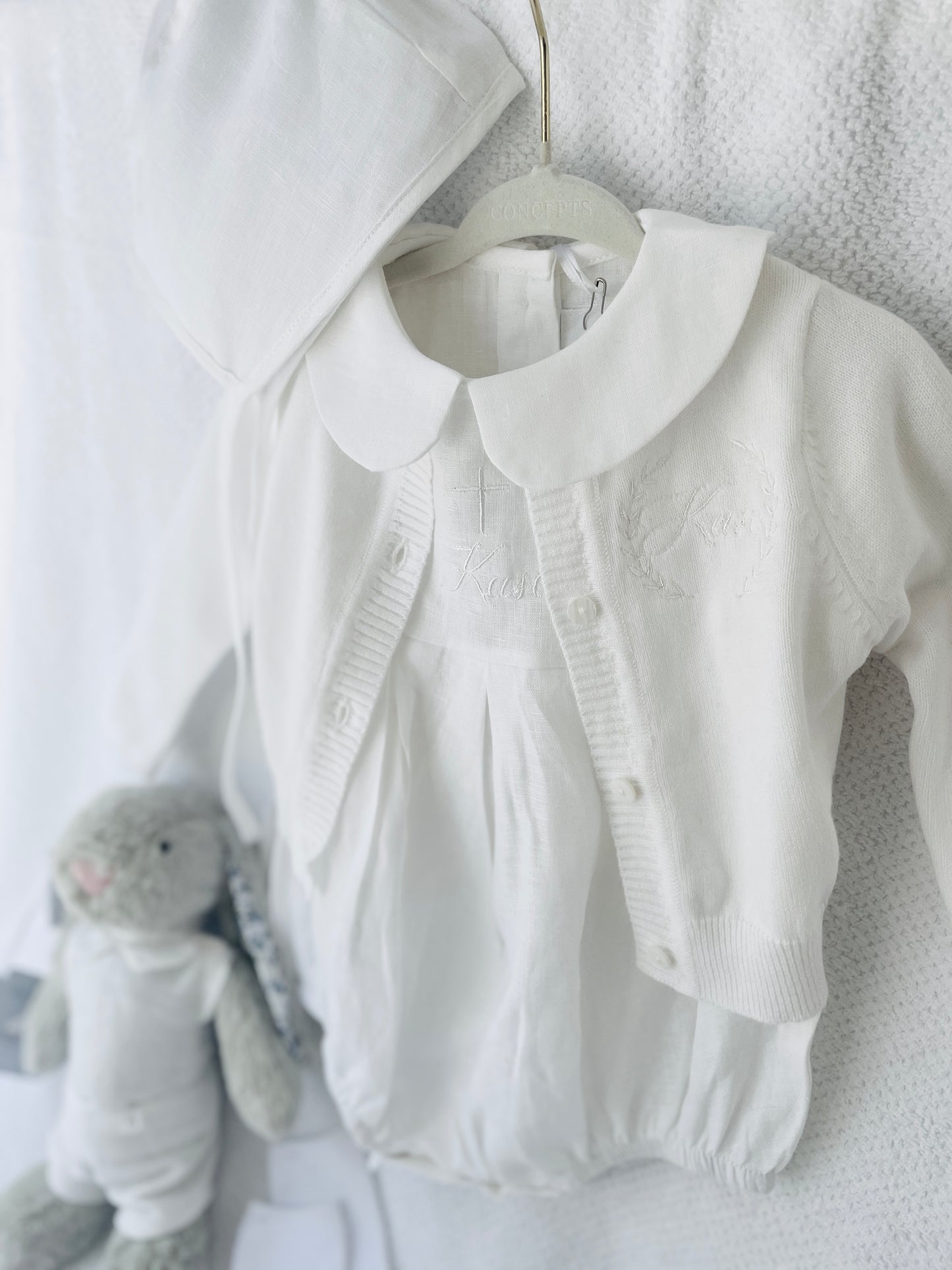 Linen Baptism peter pan collar romper outfit with optional embroidery customisation