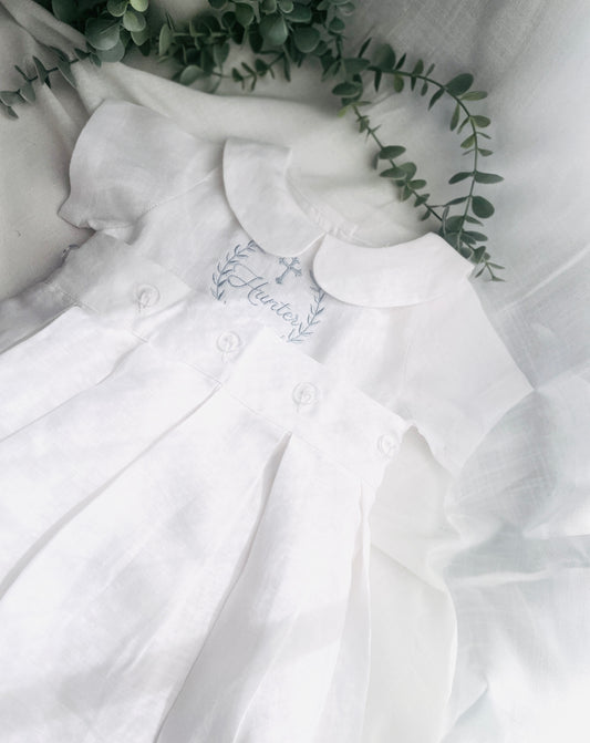 White Linen Baptism Gown romper with detachable skirt dress and optional embroidery