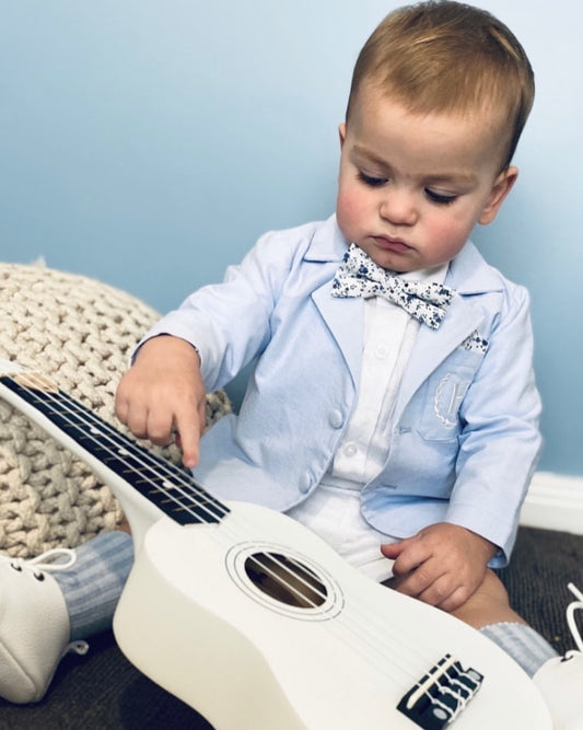 Boys white and blue linen summer baptism suit