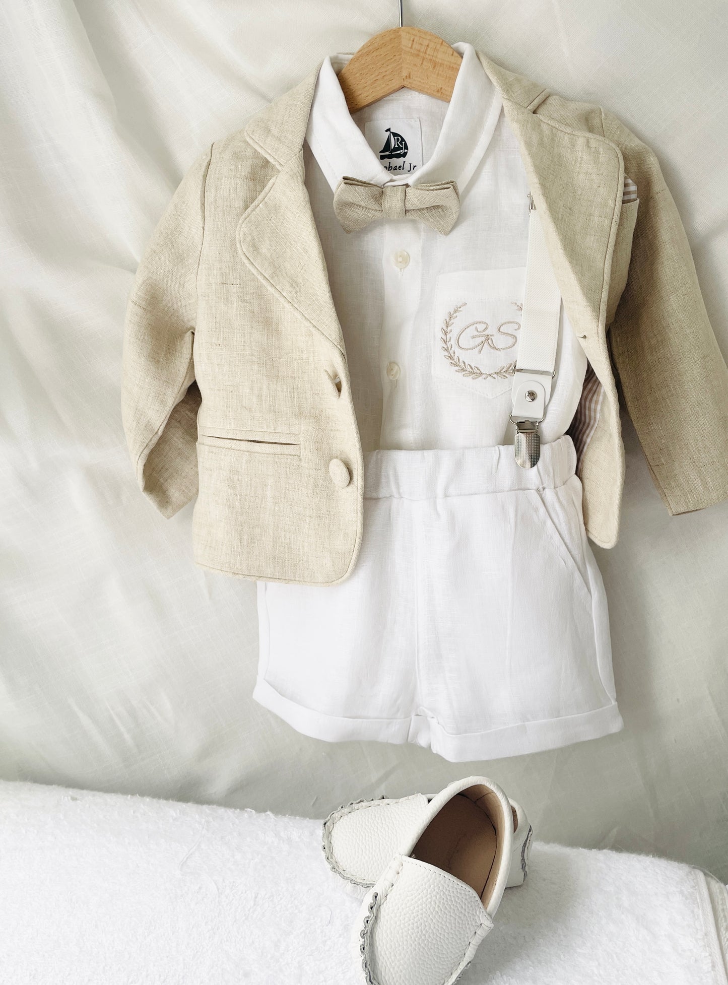 Linen Baptism Shorts, Suspenders and Shirt set with Optional Jacket