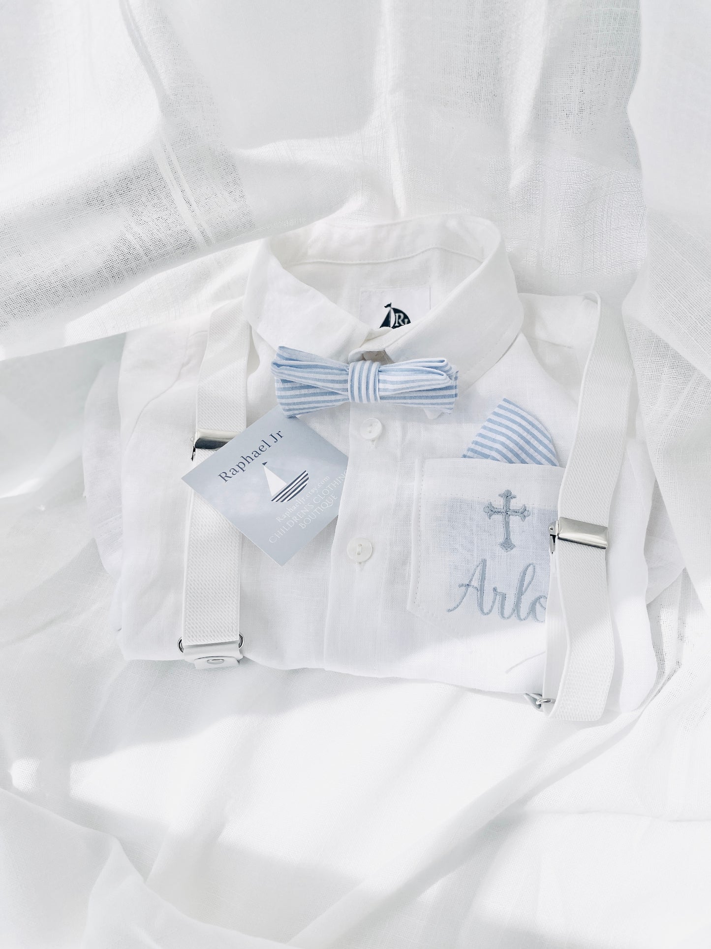 White linen Baptism suit set with pants, shirt, suspenders and bowtie plus optional extras