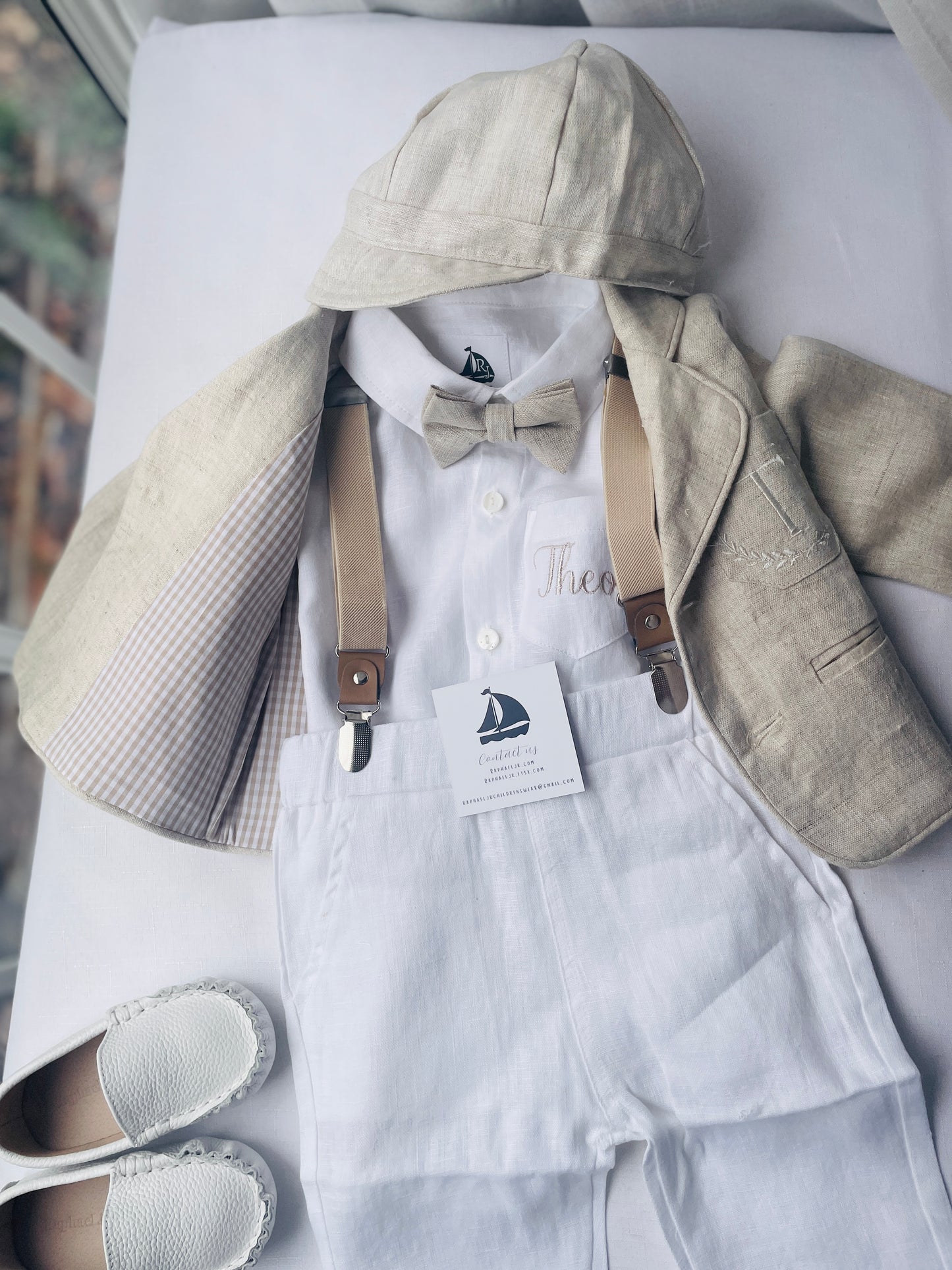 White and Beige Linen Set with optional Jacket Accessories and Embroidery Available