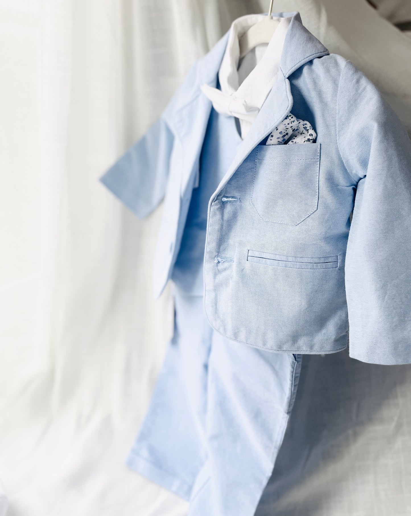 Baby and toddler boys pale blue chambray suit with blue vest, pants and jacket