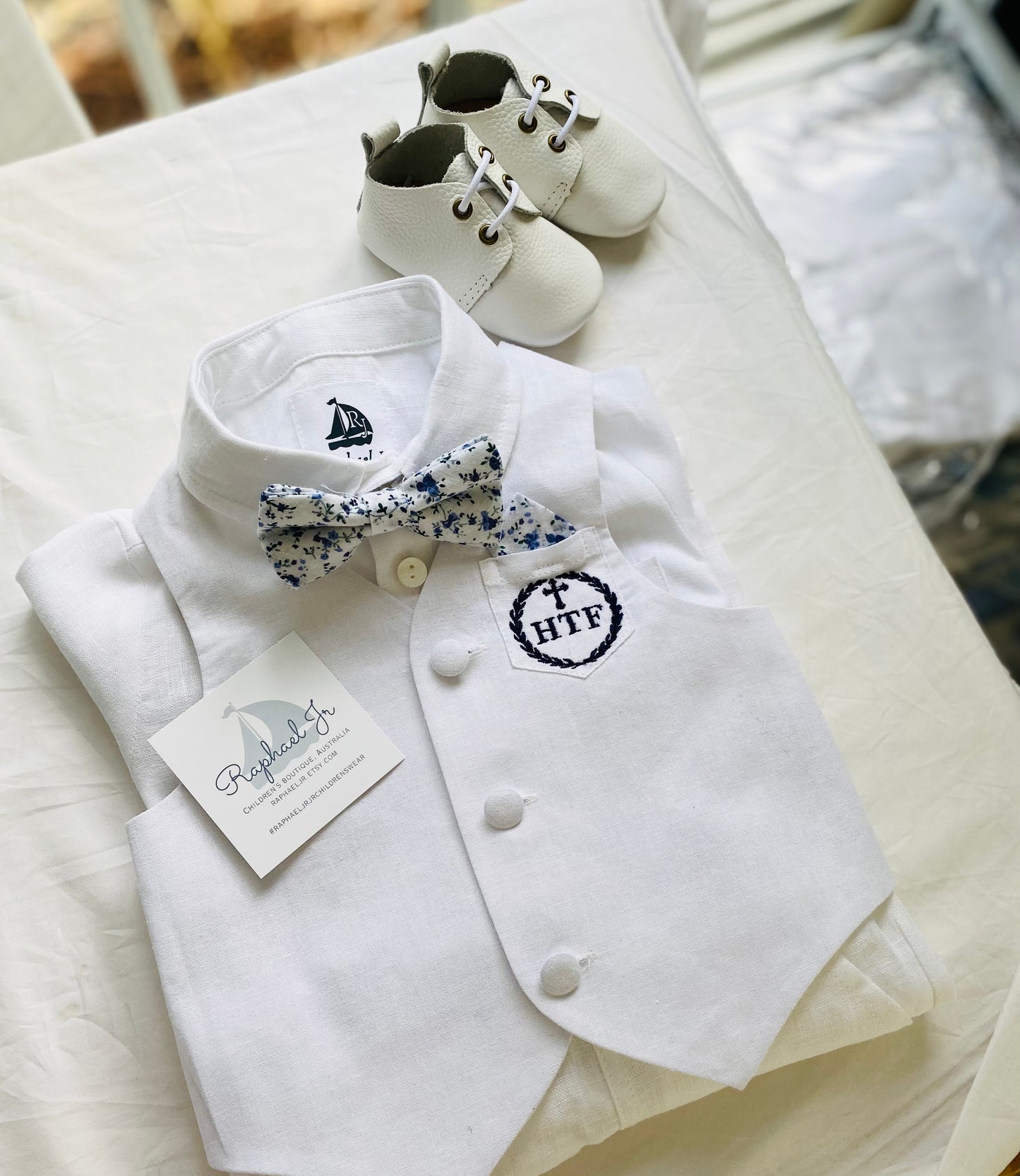 Baby and Toddler Boys white linen summer set with vest, shirt, shorts, suspenders and bowtie