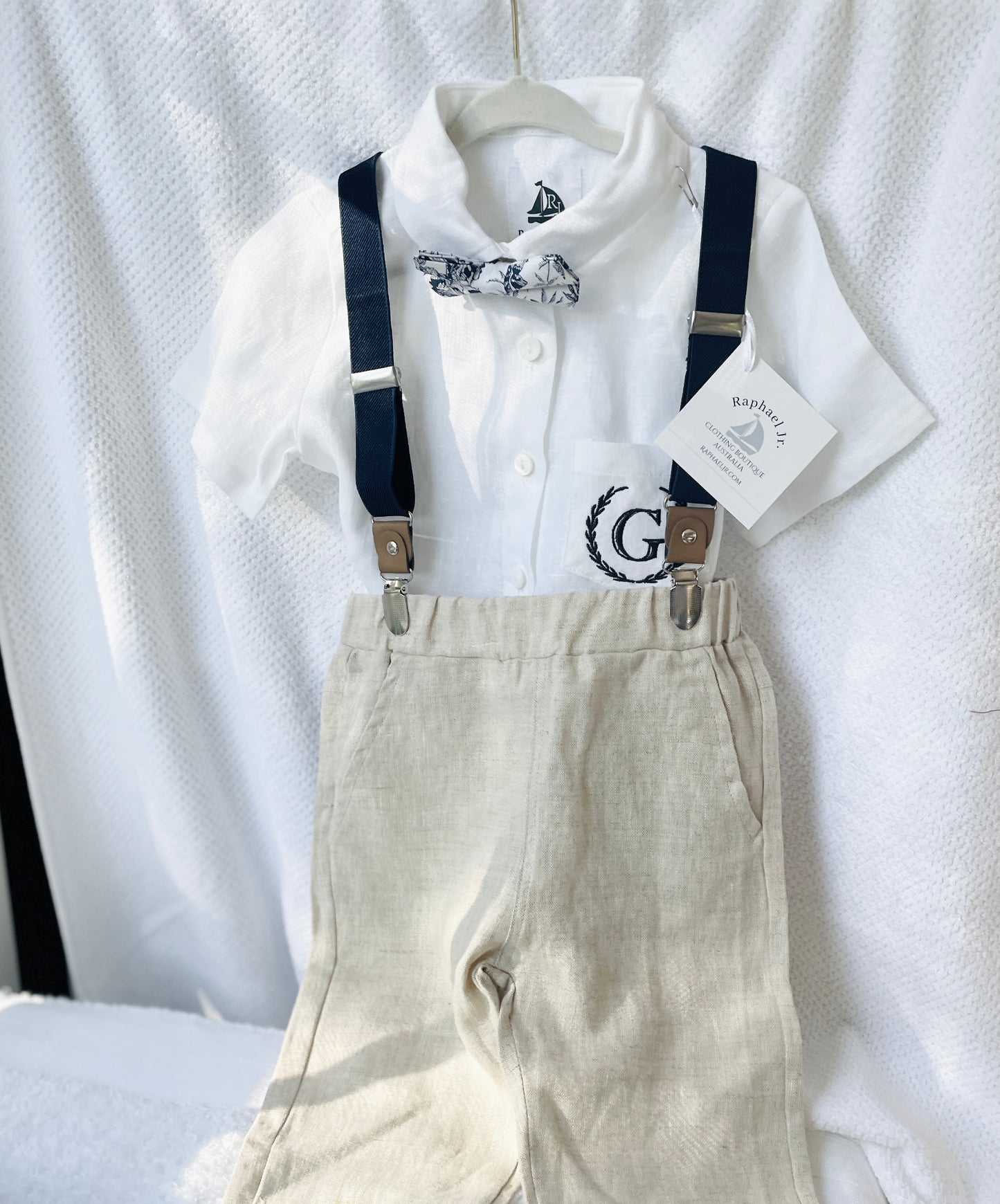 Beige linen pants and shirt set with bowtie and suspenders and optional personalisation