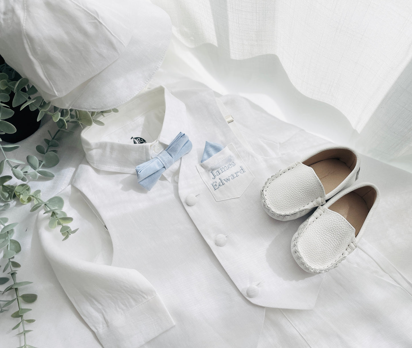 Baby and Toddler Boys white linen full length set with vest, shirt, pants, suspenders and bowtie