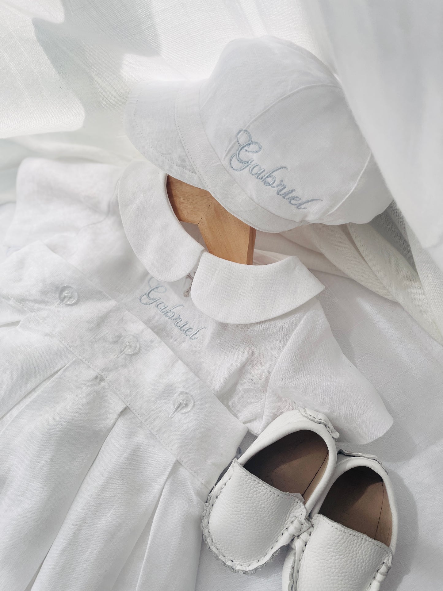 White Linen Baptism Gown romper with detachable skirt dress and optional embroidery