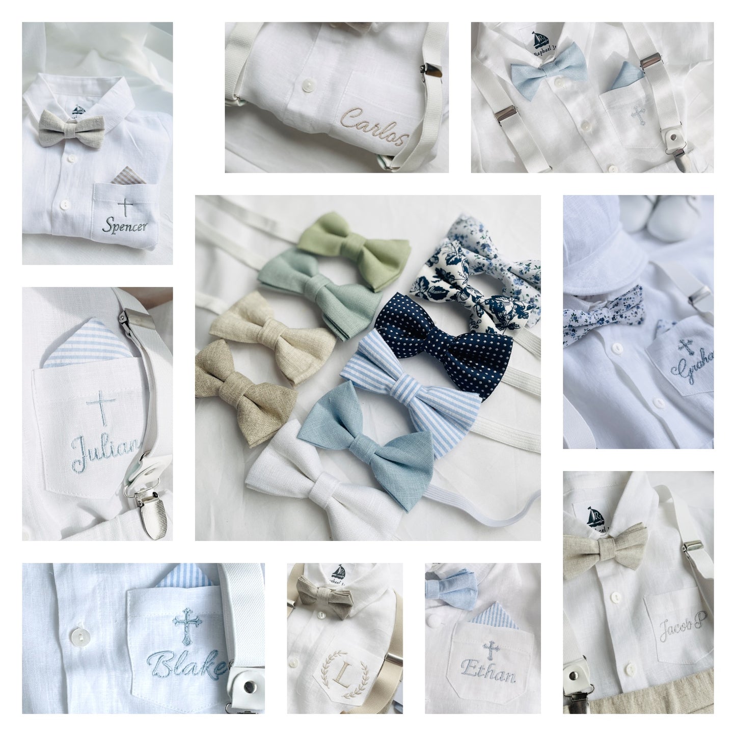 White linen summer Baptism suit set with shorts, shirt, suspenders and bowtie plus optional extras