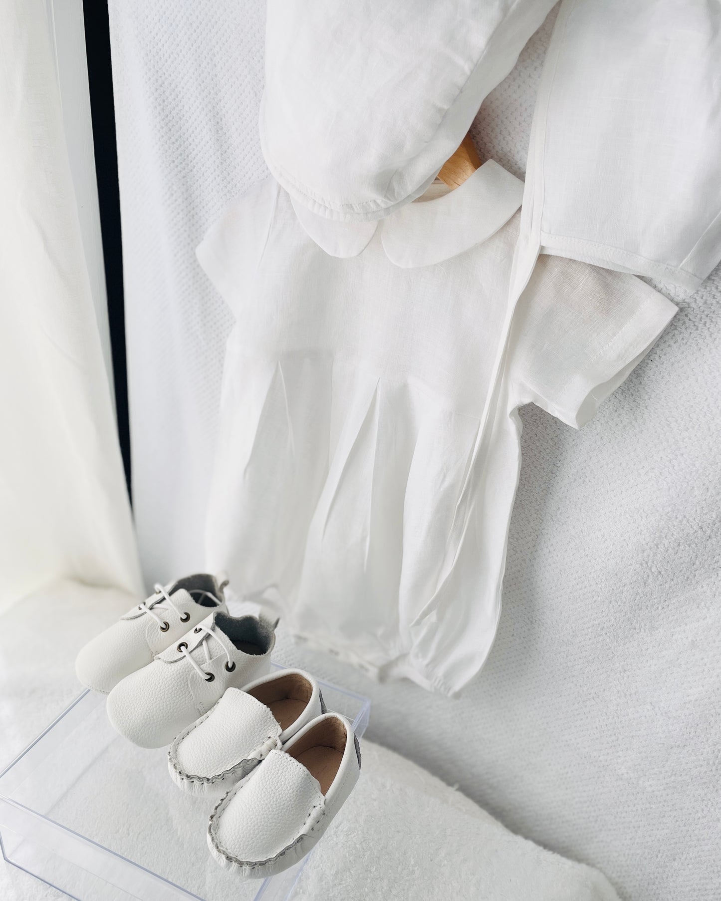 Linen Baptism peter pan collar romper outfit with optional embroidery customisation