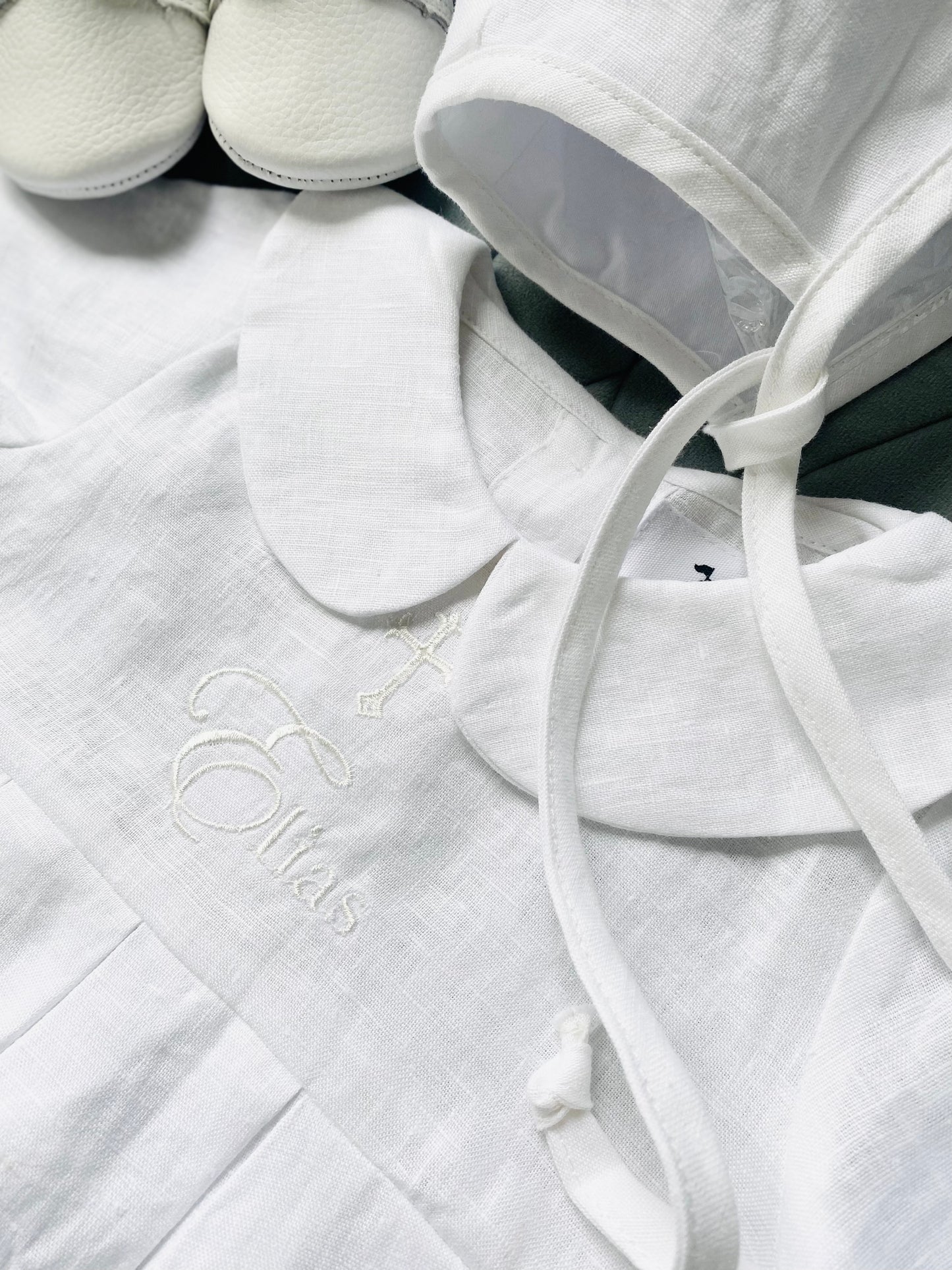 Linen Baptism romper short-all outfit with optional embroidery customisation