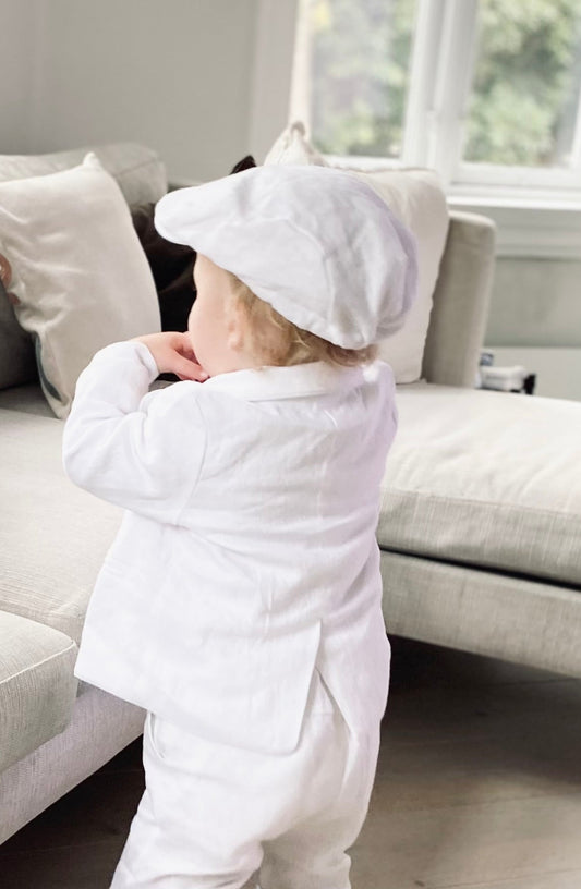 White linen Baptism flat cap beret hat
