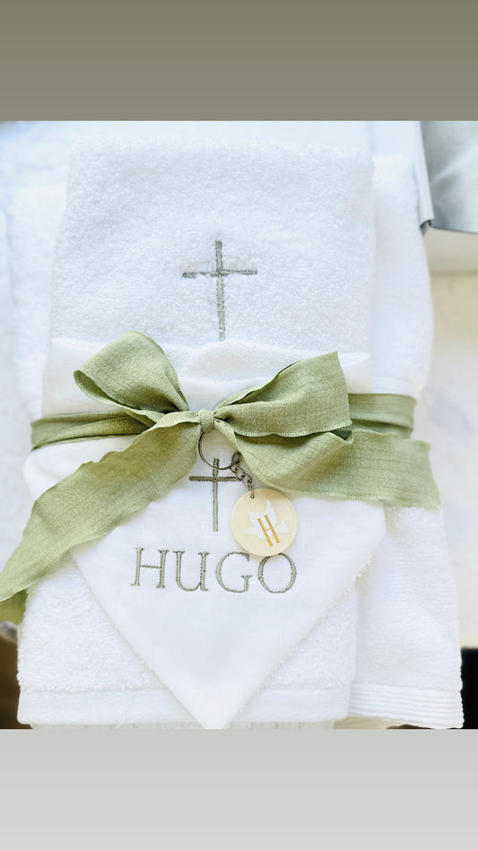 Personalised baptism christening hand towel with embroidery and optional bib