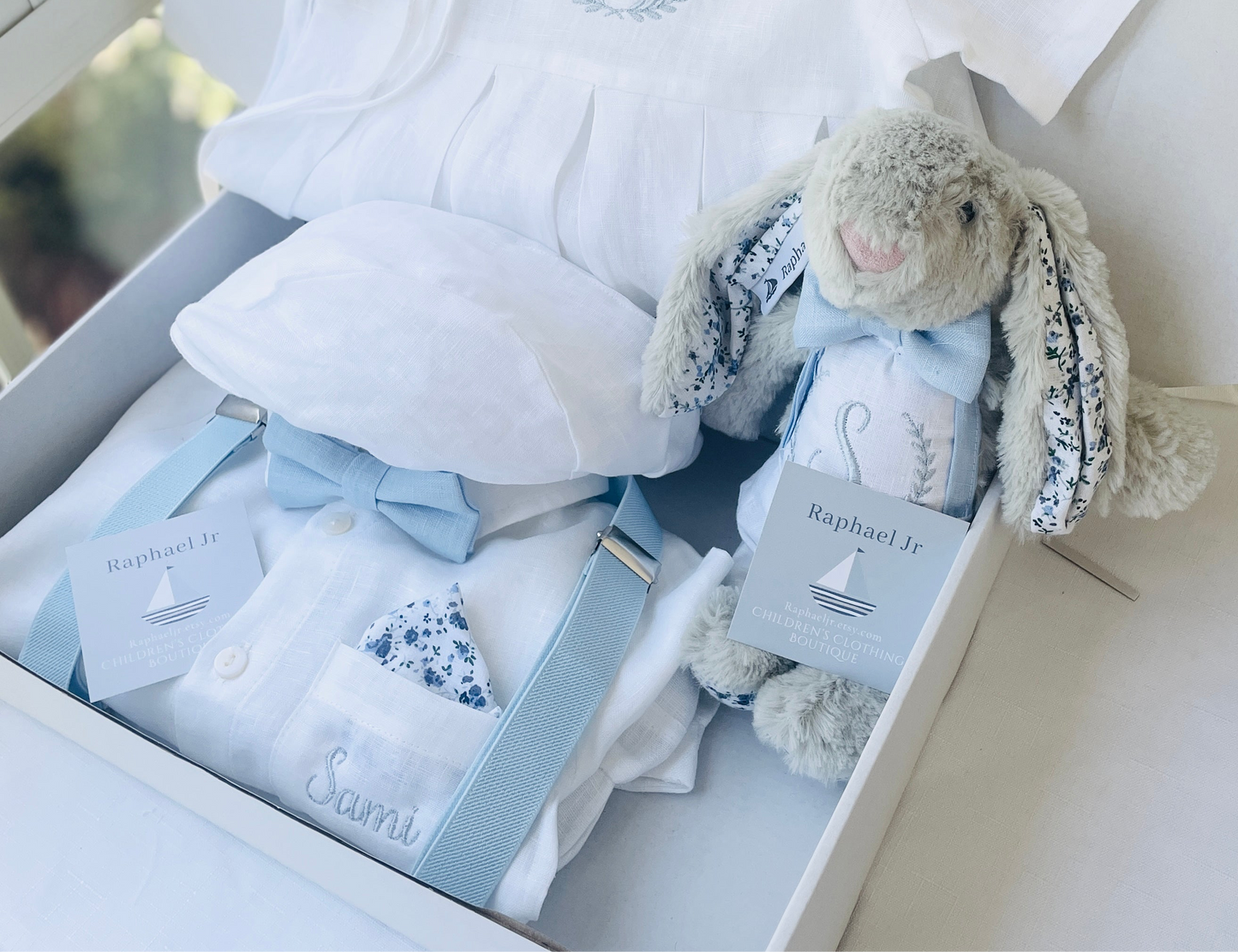 Boys white and blue linen summer baptism suit