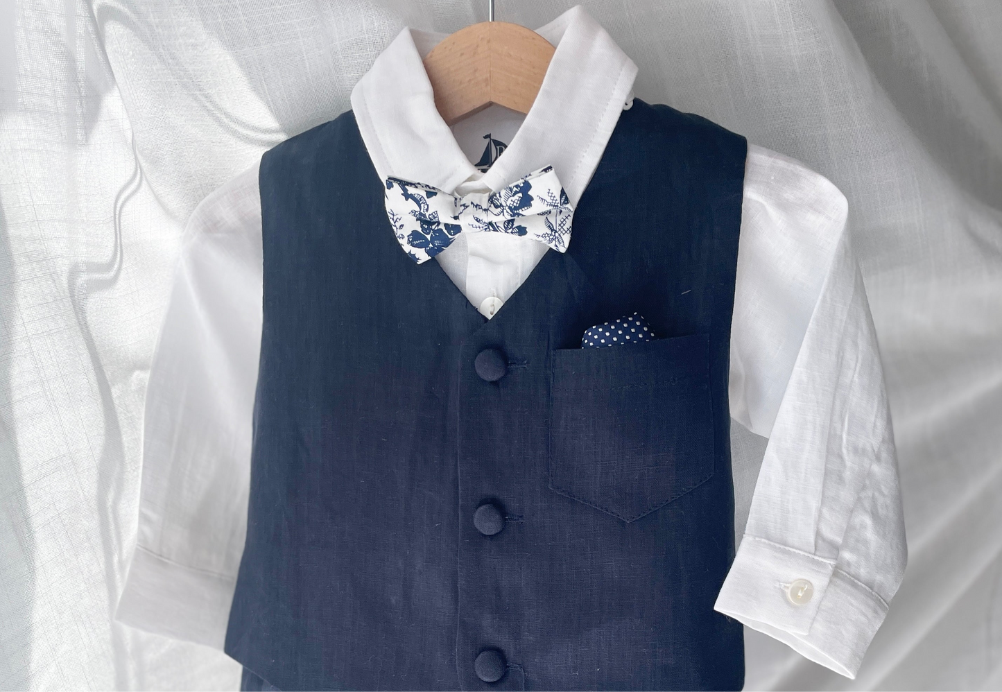 Navy blue linen suit with vest, pants, shirt, suspenders and bow tie plus optional jacket, embroidery, shoes and cap