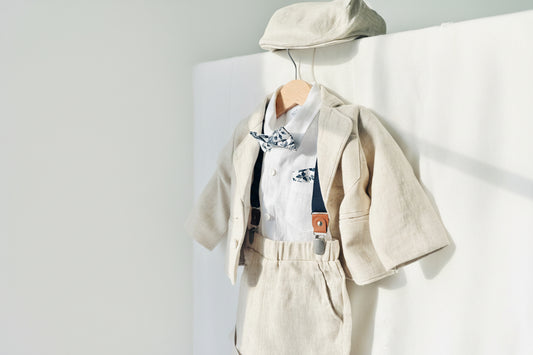 Beige Linen Summer Suit with navy blue accessories