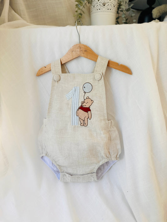 Boys Beige Linen First Birthday romper Pooh Bear and other designs