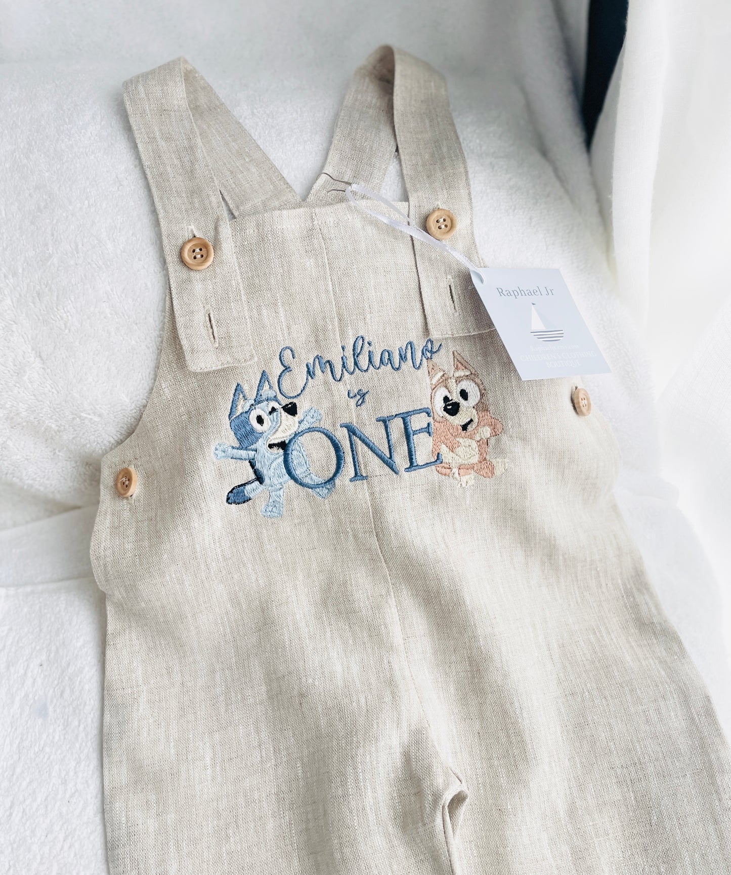 Boys Beige Linen Birthday overalls romper dungarees safari balloon fast car wild sea themes