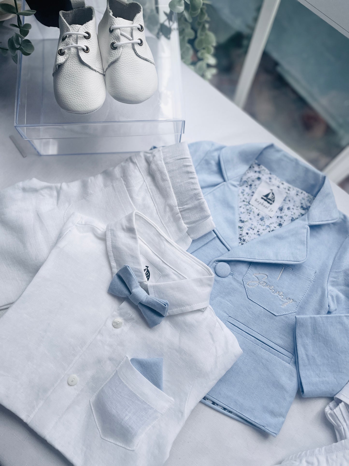 White and blue linen Baptism or Wedding Suit with Accessories and Embroidery Available