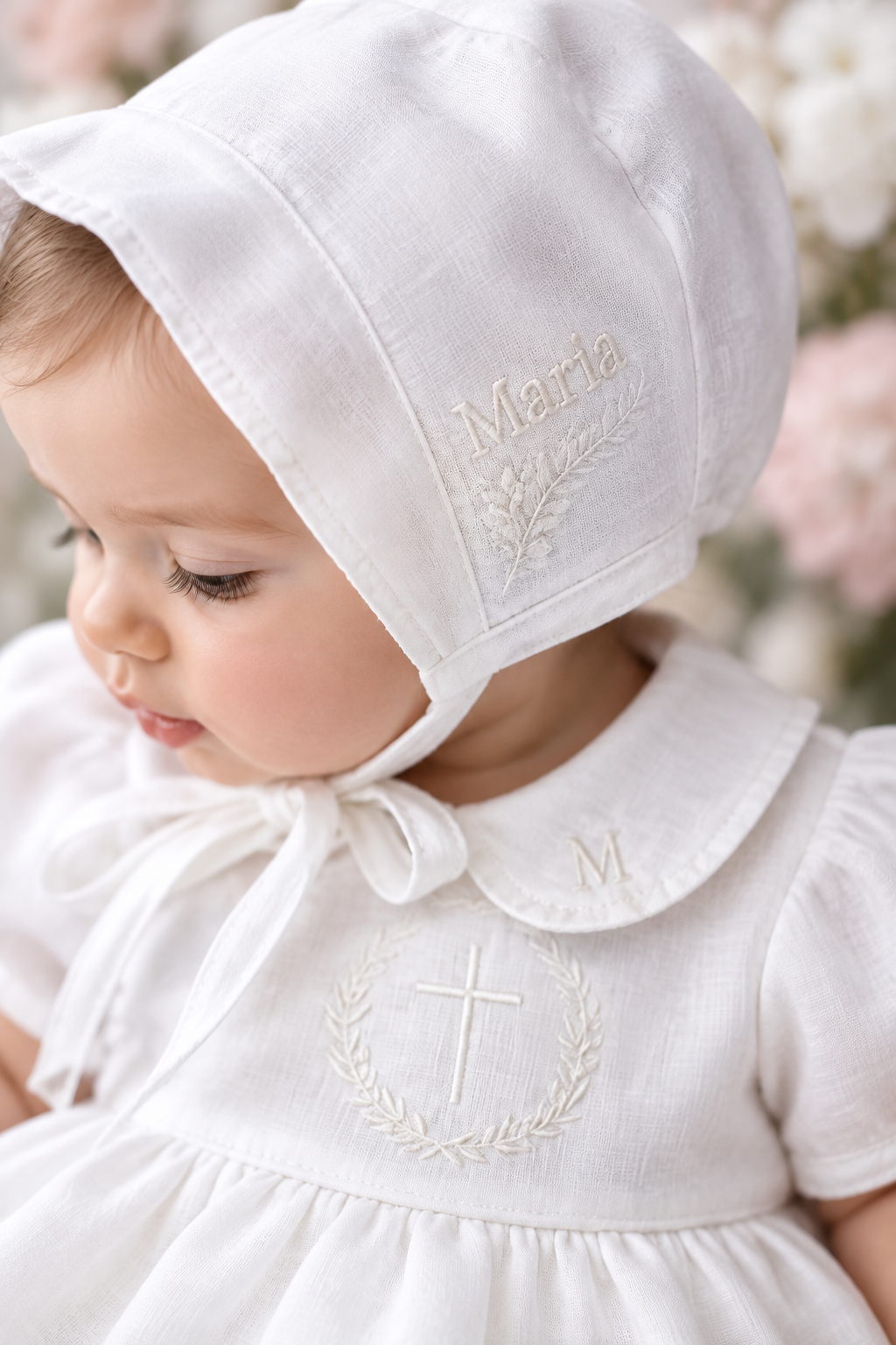 Pure Linen knee length Baptism Dress with embroidery and bloomers and optional ribbon