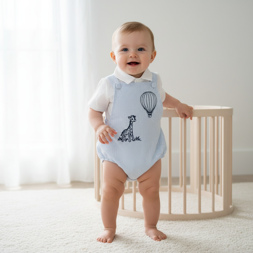 Baby and Toddler boys blue and white linen baptism and birthday romper and shirt set