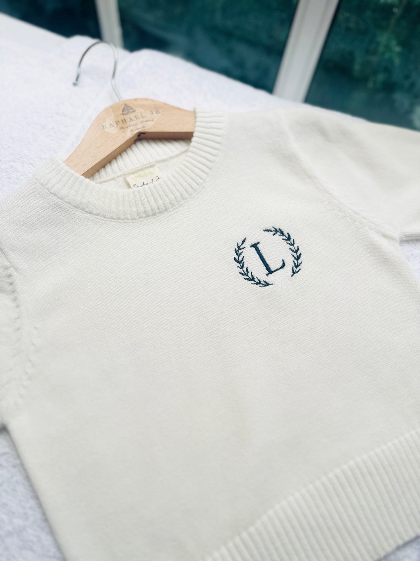 Baptism outfit with cotton onesie and jumper and linen pants