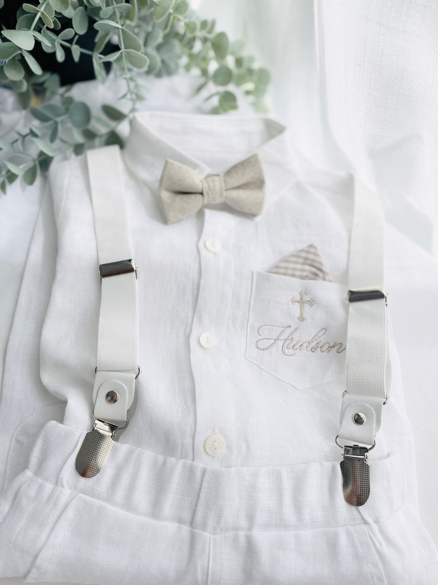 White and blue linen Baptism or Wedding Suit with Accessories and Embroidery Available