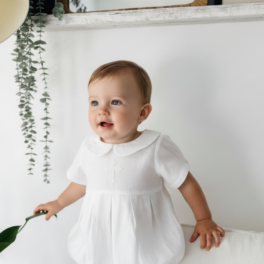 Linen Baptism peter pan collar bubble romper with optional embroidery customisation