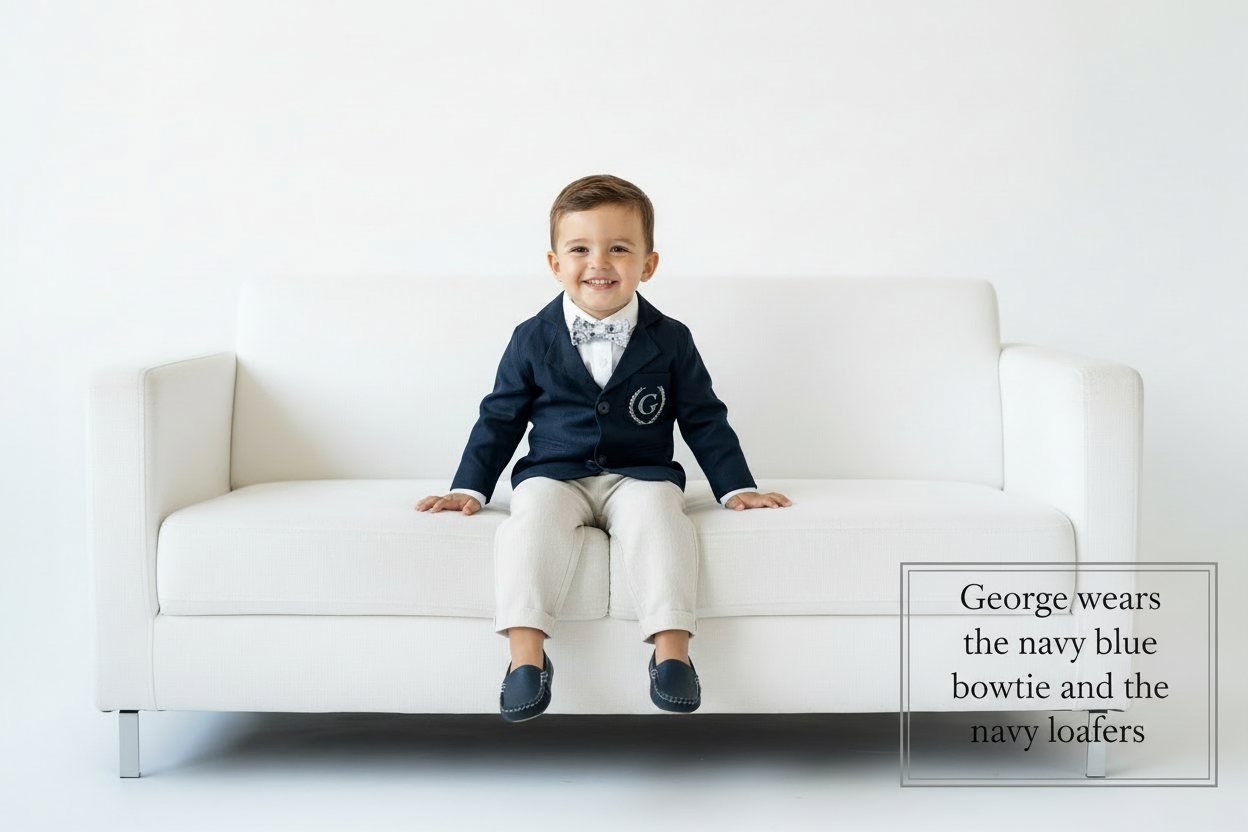 Navy blue and beige formal baptism or wedding suit with accessories and optional personalisation