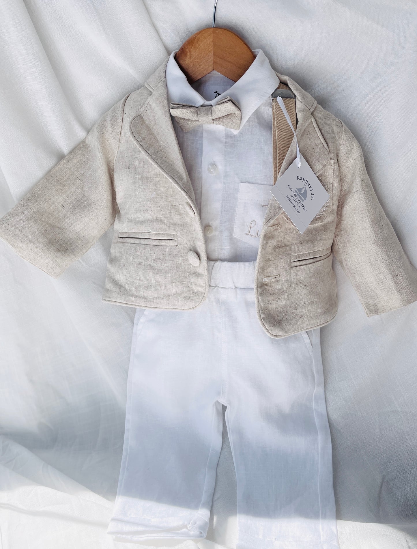 White and Beige Linen Set with optional Jacket Accessories and Embroidery Available