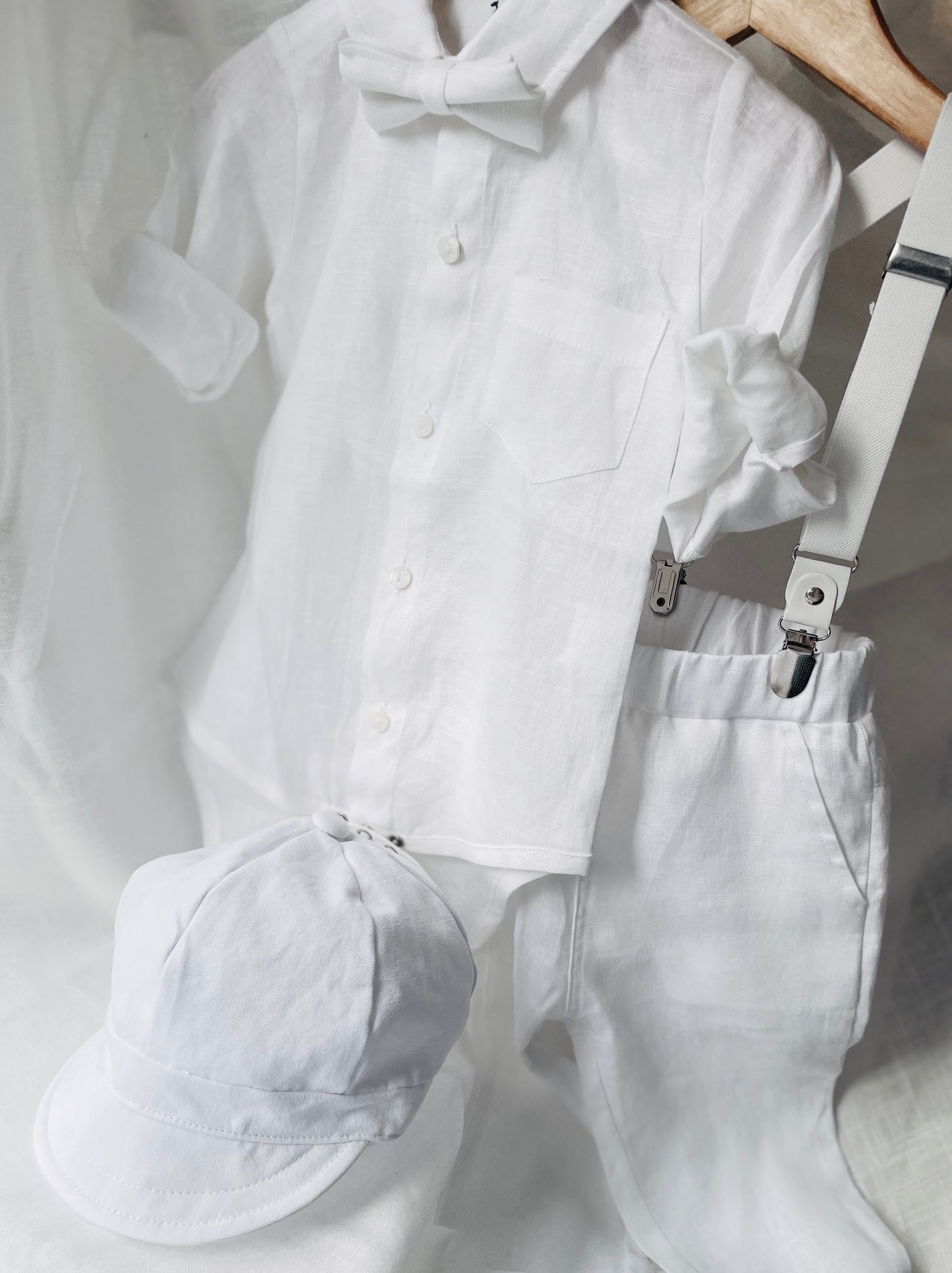 White linen Baptism Suit set with Accessories and optional Embroidery