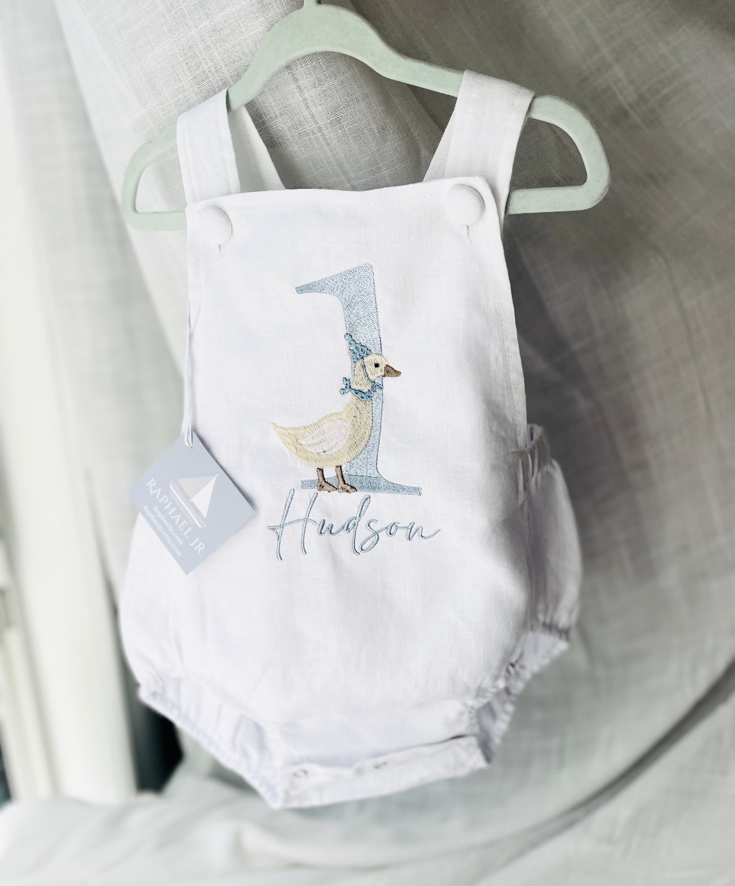Boys White Linen romper overalls under the sea whale