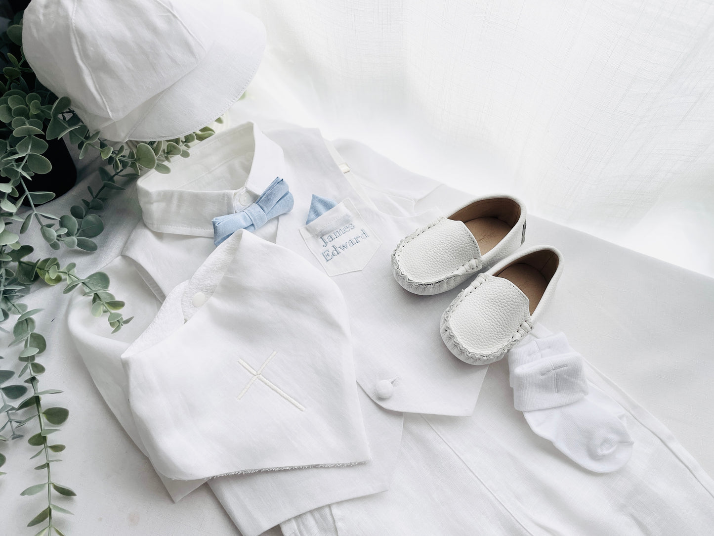 Baby and Toddler Boys white linen full length set with vest, shirt, pants, suspenders and bowtie