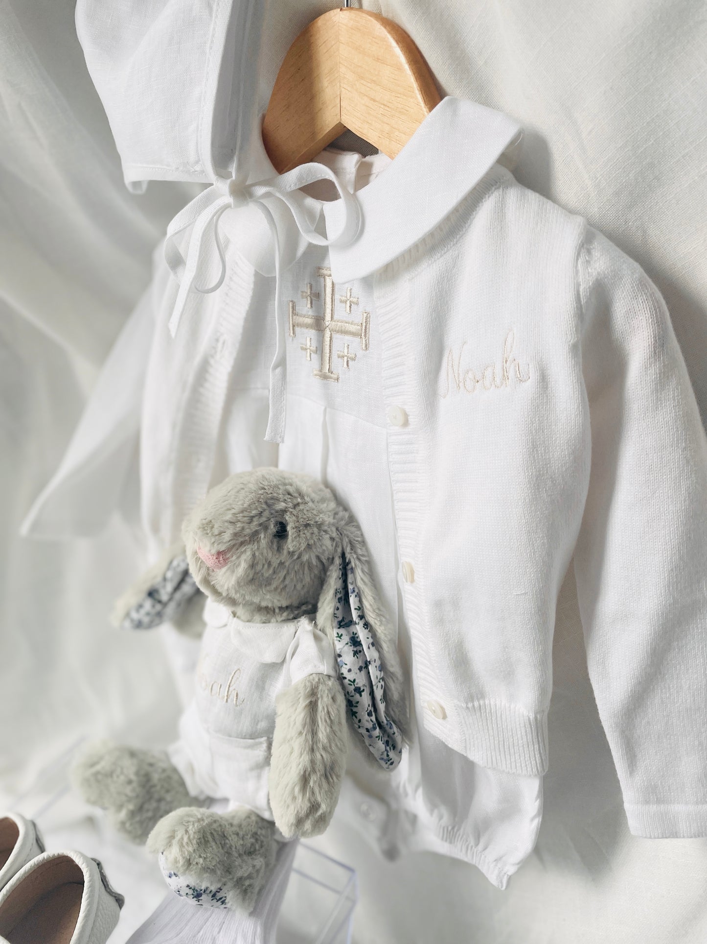 Linen Baptism peter pan collar romper outfit with optional embroidery customisation