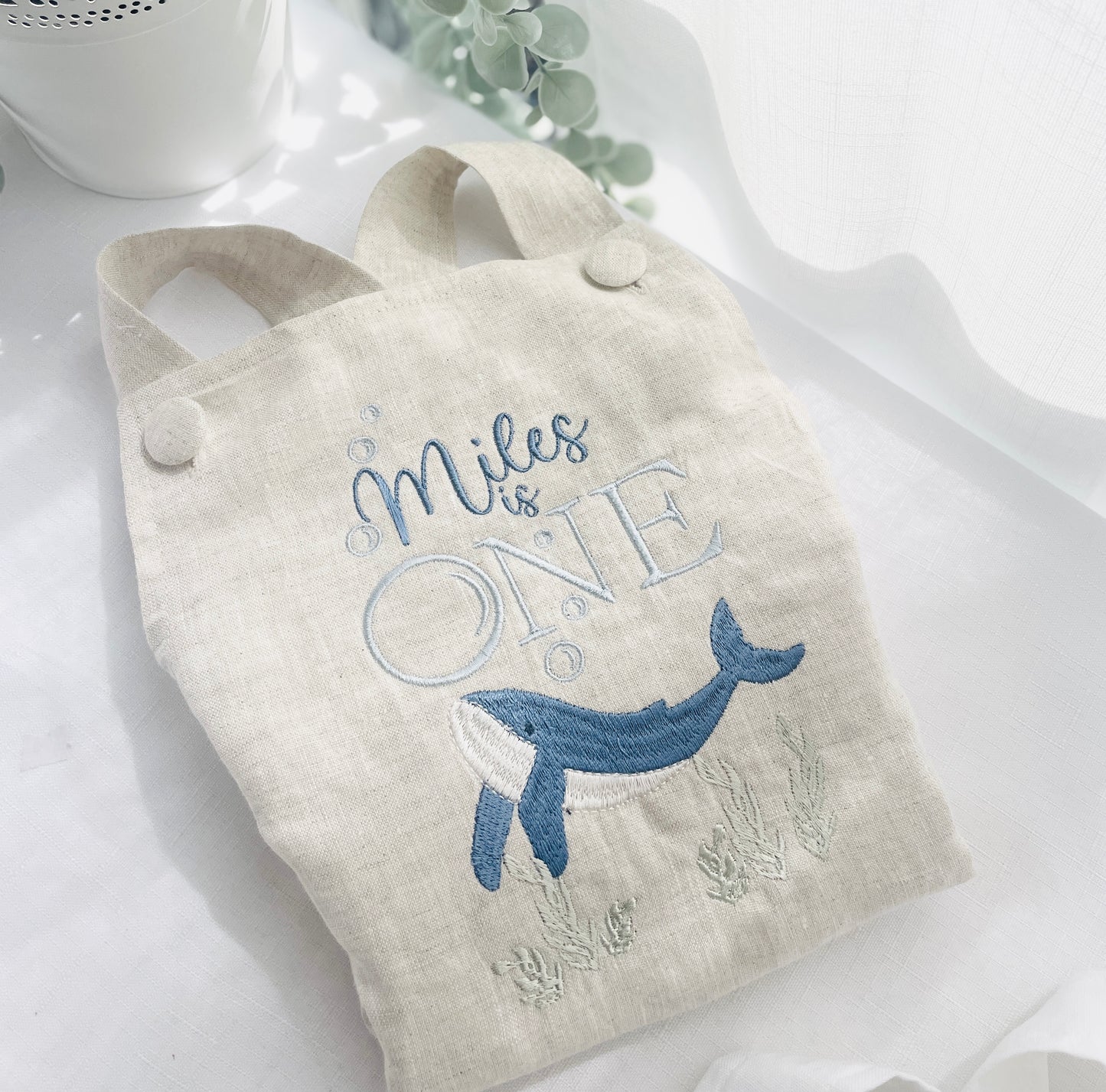 Boys Beige Linen Birthday overalls romper dungarees safari balloon fast car wild sea themes