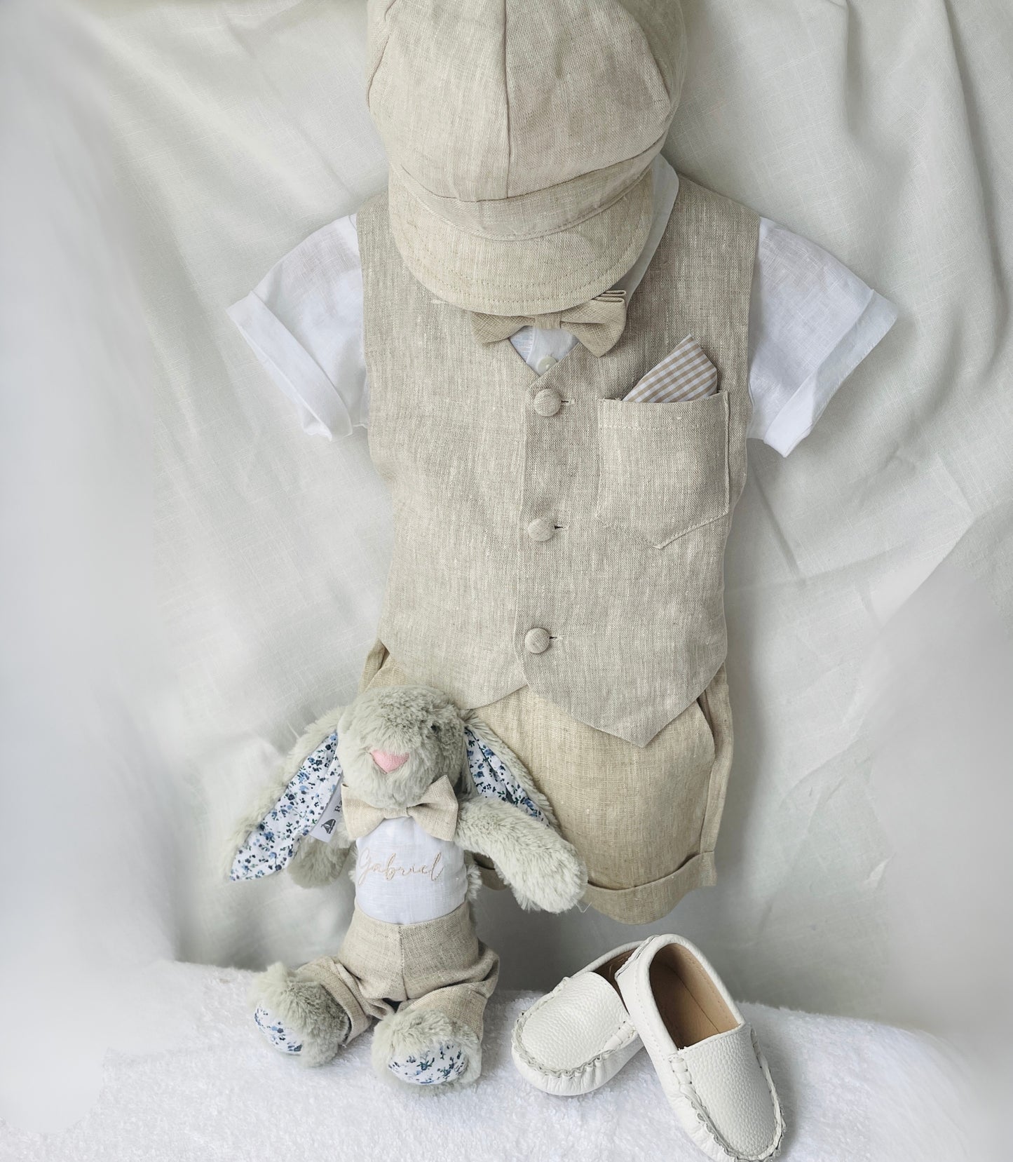 Beige Linen Shorts Shirt Suspenders and Vest set with Optional Cap Jacket and Embroidery