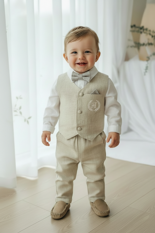 Beige Linen Outfit with vest, shirt, pants, suspenders and bowtie plus optional jacket, cap and shoes