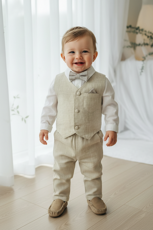 Beige Linen Outfit with vest, shirt, pants, suspenders and bowtie plus optional jacket, cap and shoes