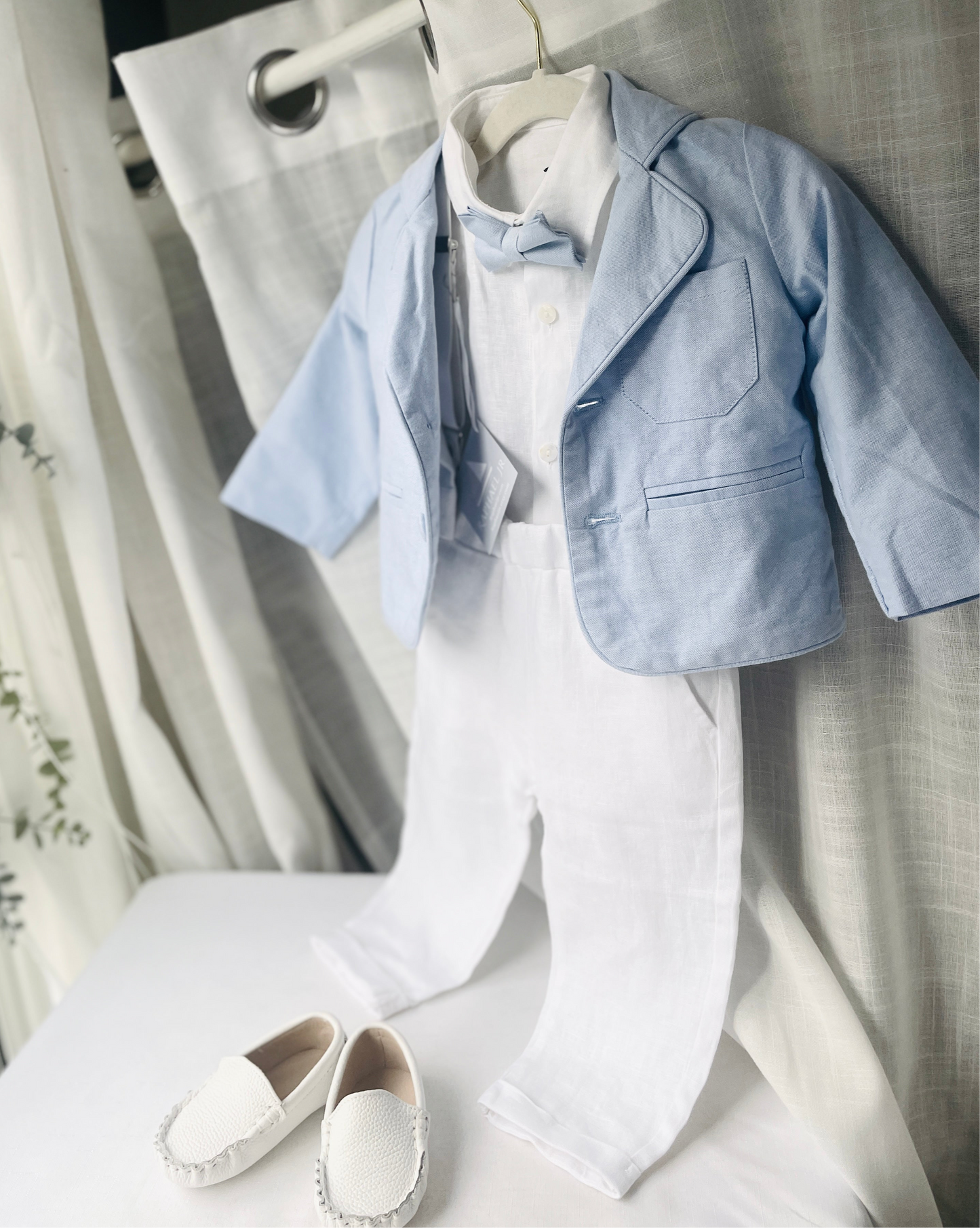 White and blue linen Baptism or Wedding Suit with Accessories and Embroidery Available