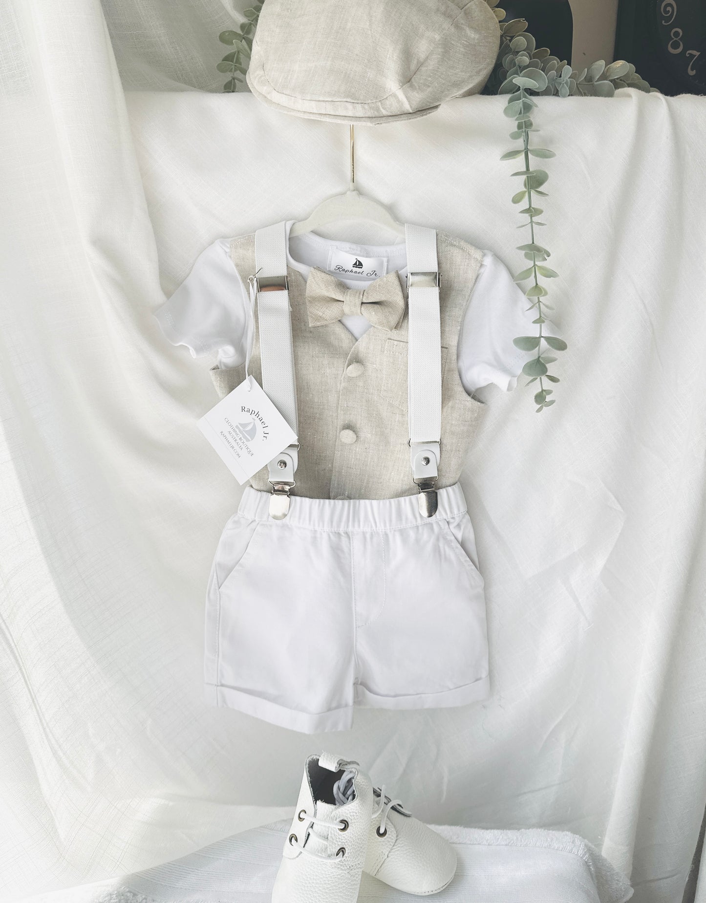 Boys white and beige cotton Baptism wedding set with vest onesie, shorts, suspenders and bow tie