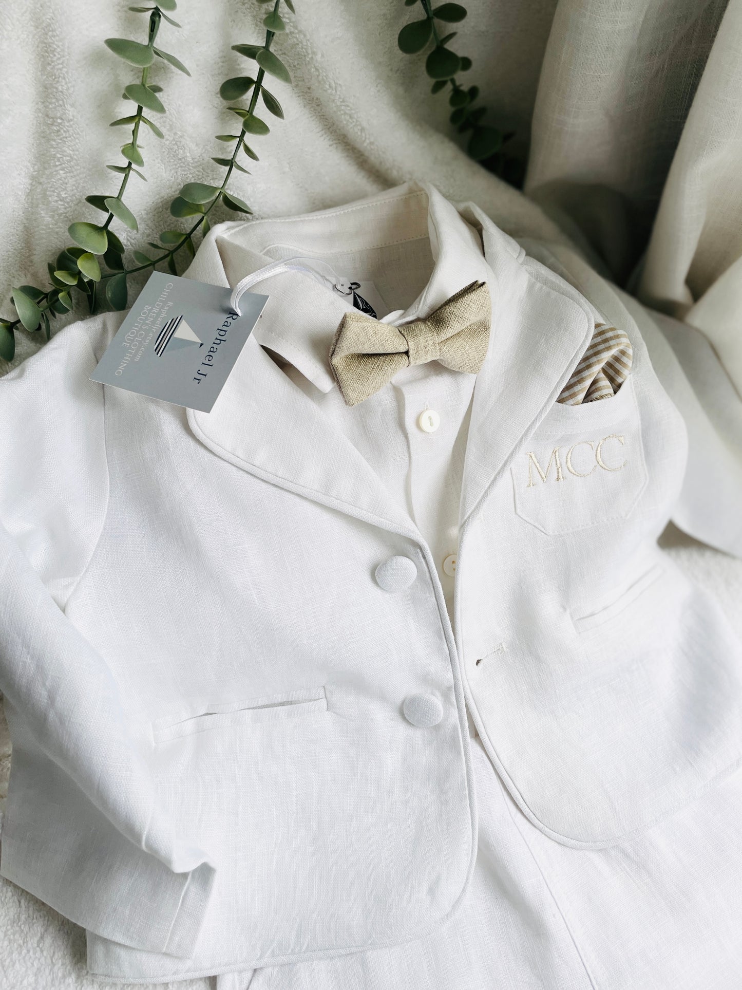 White linen Baptism suit set with pants, shirt, suspenders and bowtie plus optional extras