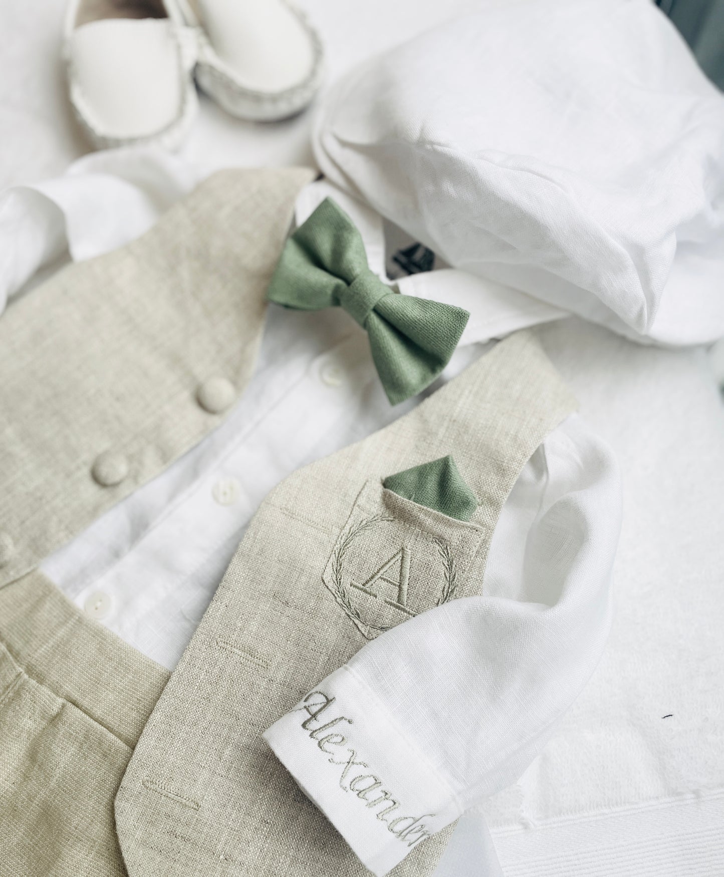 Baby and Toddler Boys white and beige linen set with vest, shirt, pants, suspenders and bowtie plus optional jacket, cap and shoes