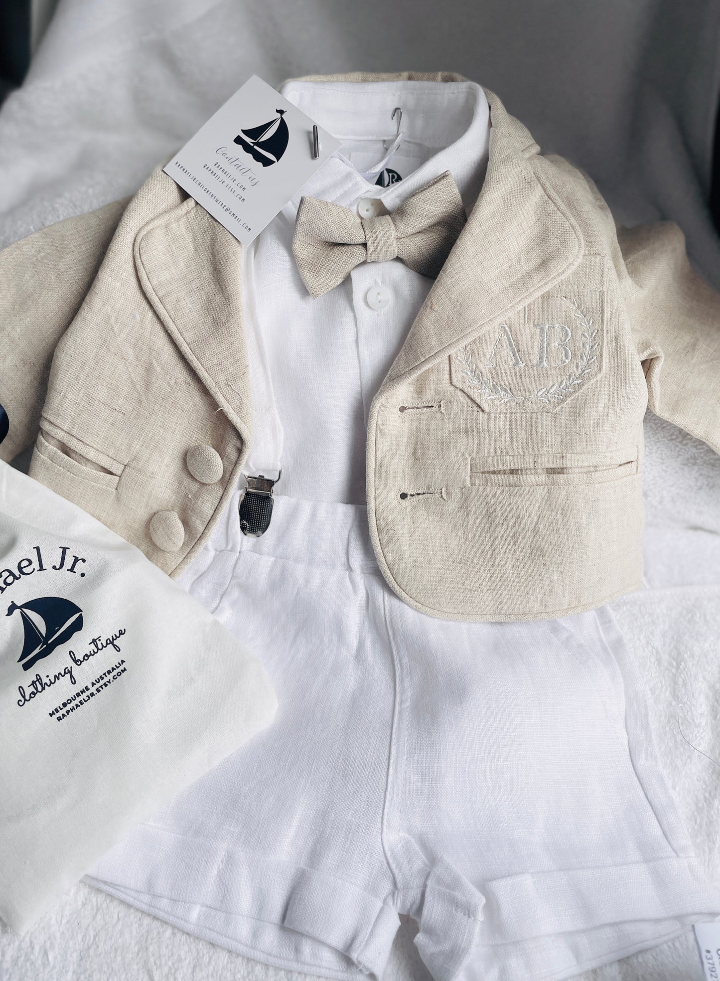 Linen Baptism Shorts, Suspenders and Shirt set with Optional Jacket