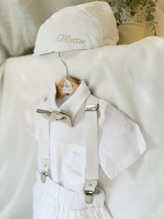 White linen summer Baptism set with shirt shorts suspenders bow tie and optional jacket