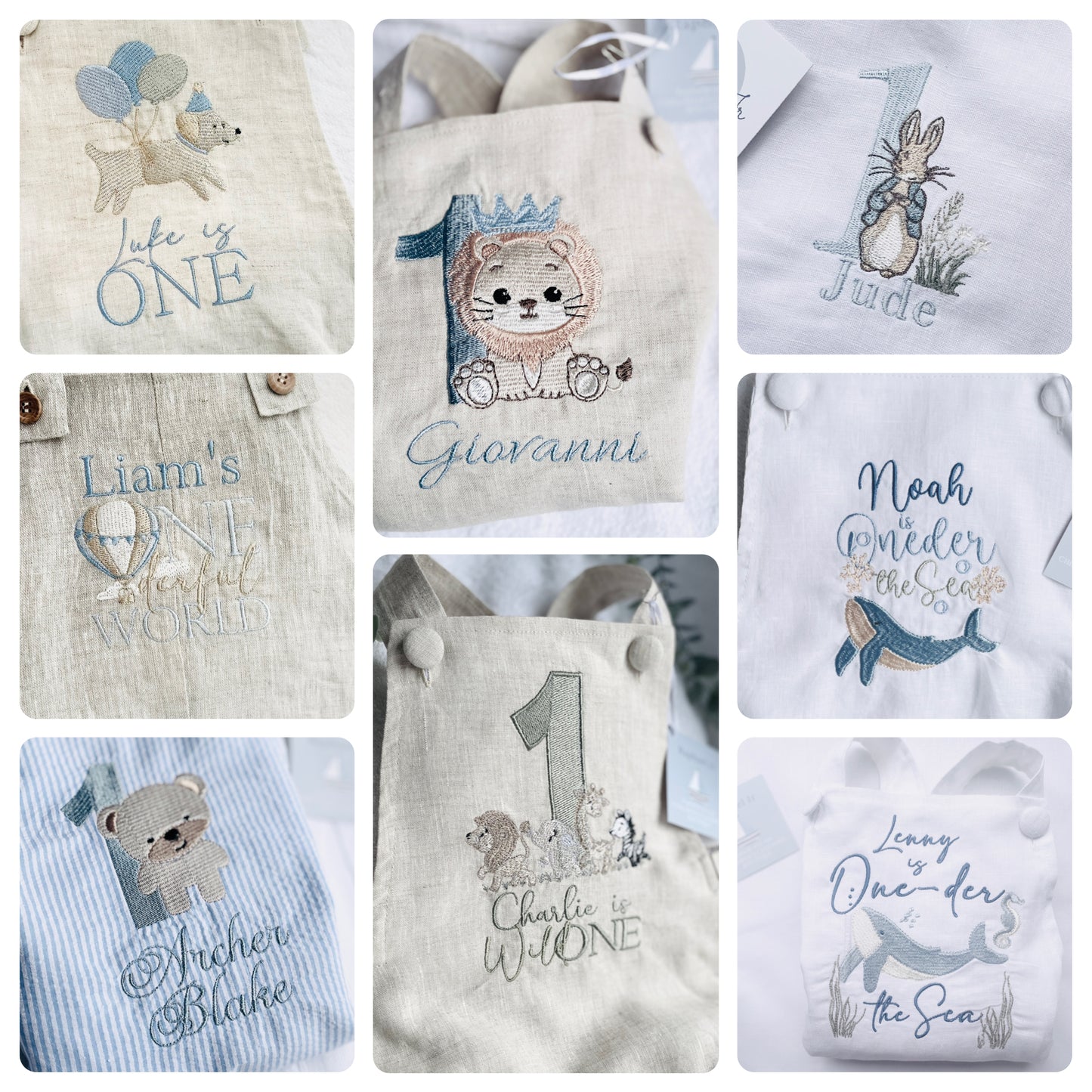 Boys Beige Linen Birthday overalls romper dungarees safari balloon fast car wild sea themes