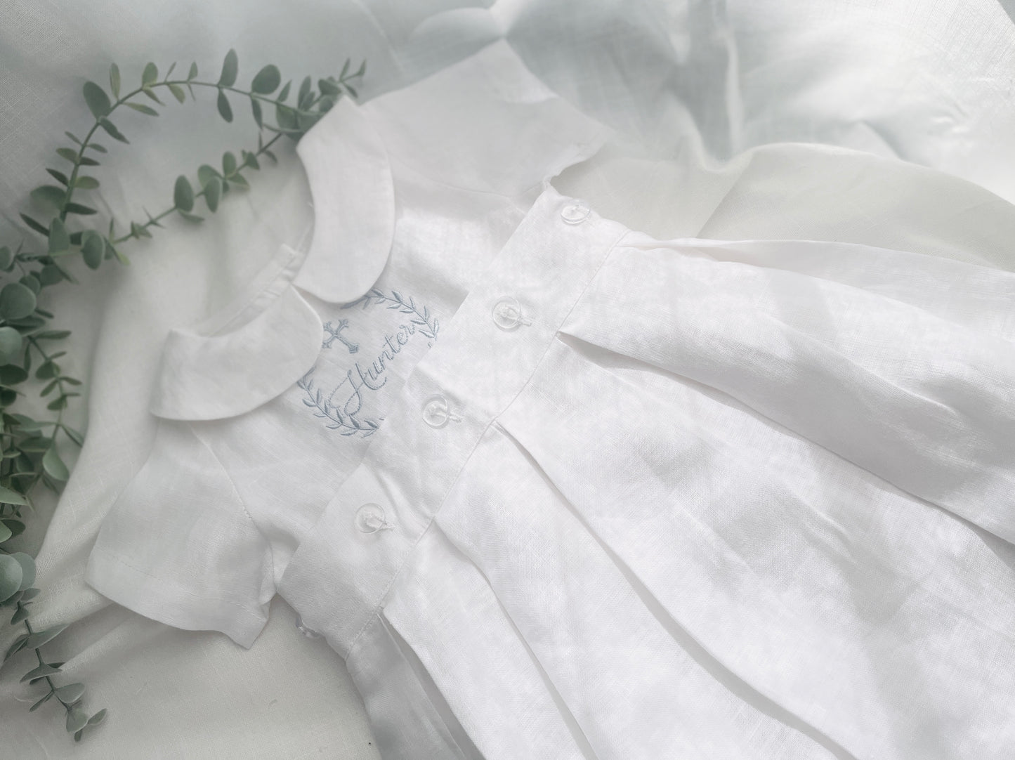 White Linen Baptism Gown romper with detachable skirt dress and optional embroidery