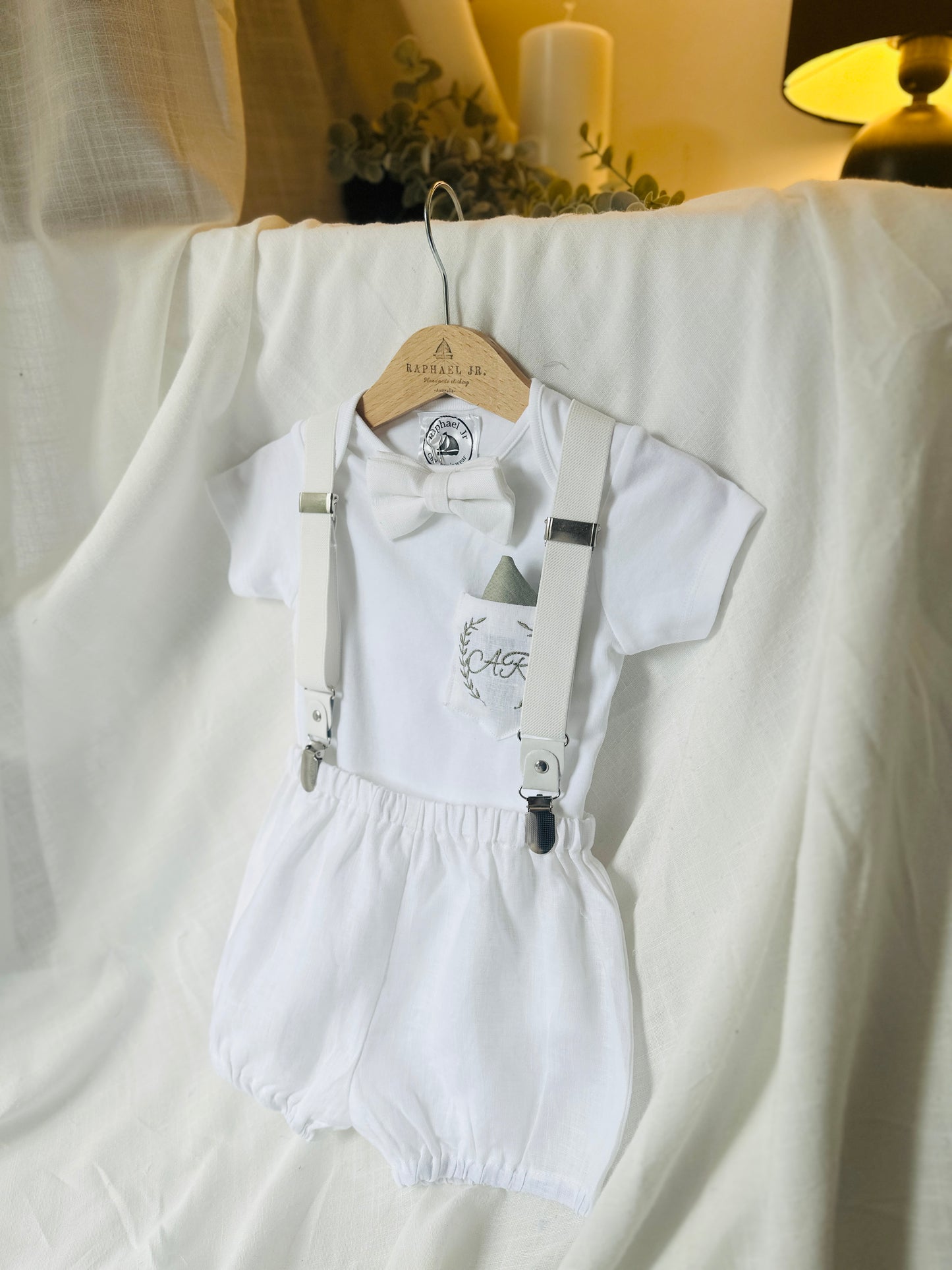 Baby and Toddler Boys white linen baptism outfit with bloomers, shirt, suspenders, bow tie