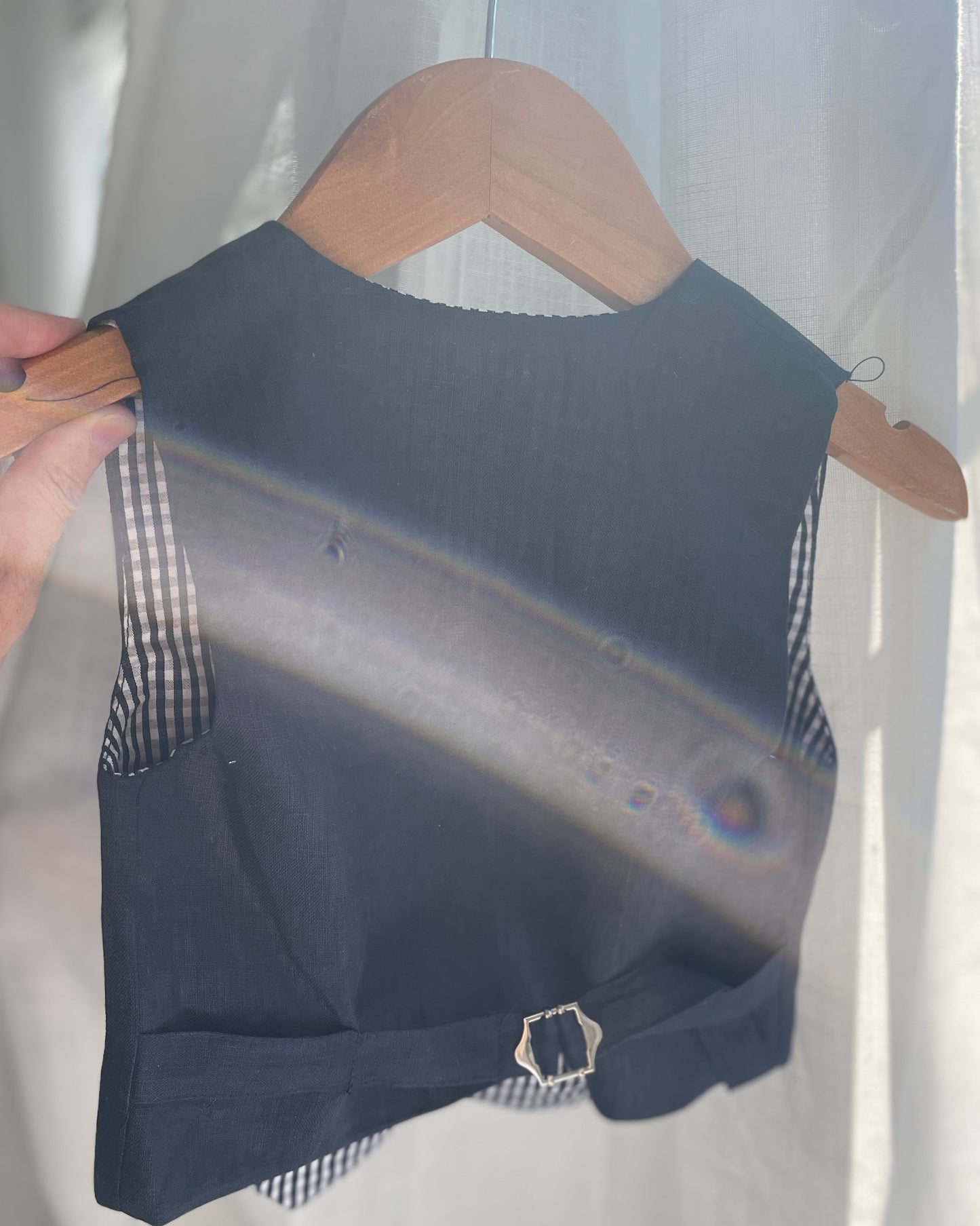 Navy blue linen summer set with vest, shorts, shirt, suspenders and bow tie plus optional jacket, embroidery, shoes and cap