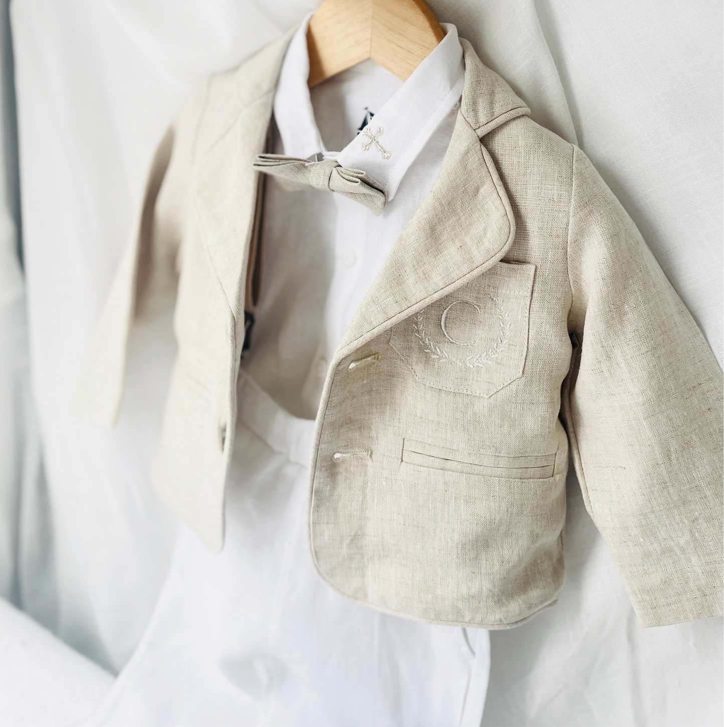 White and Beige Linen Set with optional Jacket Accessories and Embroidery Available