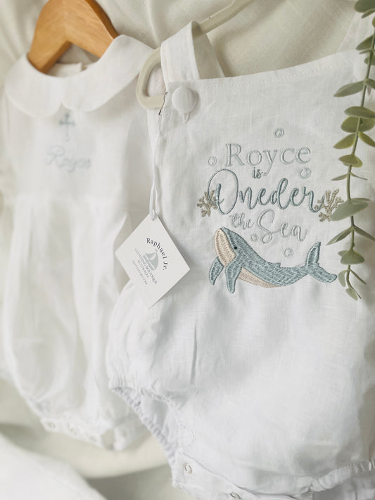 Boys White Linen birthday overalls one der the sea whale